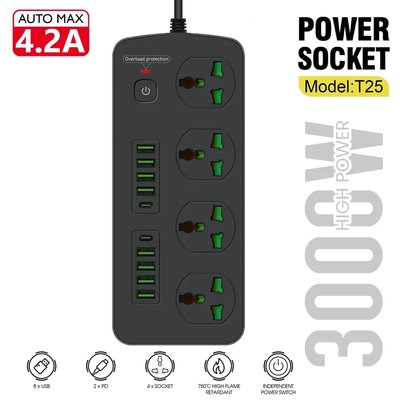 Сетевой фильтр питания Power Socket T25 4 розетки + 8USB + 2Type-C PD, 2m сетевой удлинитель розеток, черный id_2717 фото