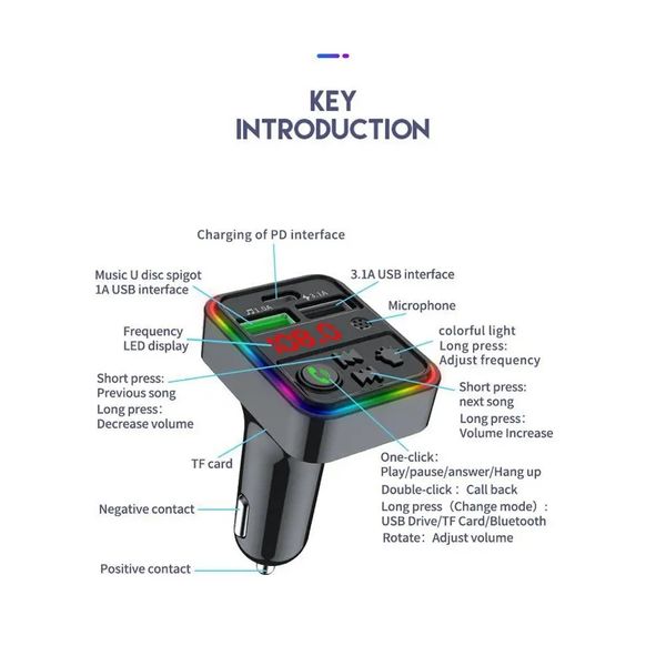 FM-трансмиттер модулятор CAR F18 RGB 12-24V Wireless car kit 2 USB id_2431 фото