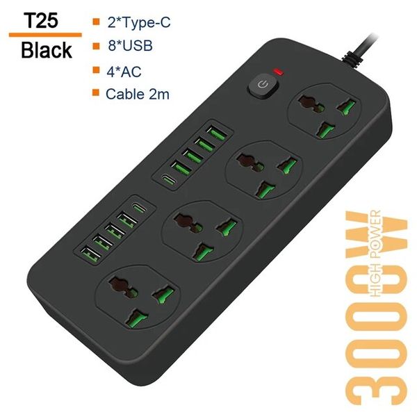 Сетевой фильтр питания Power Socket T25 4 розетки + 8USB + 2Type-C PD, 2m сетевой удлинитель розеток, черный id_2717 фото