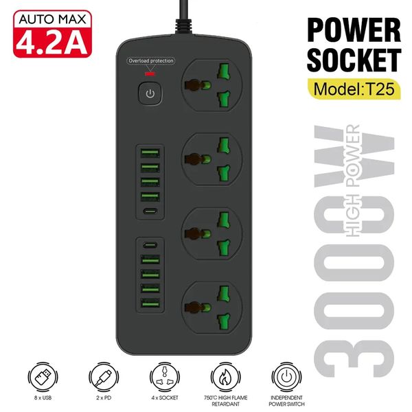 Сетевой фильтр питания Power Socket T25 4 розетки + 8USB + 2Type-C PD, 2m сетевой удлинитель розеток, черный id_2717 фото