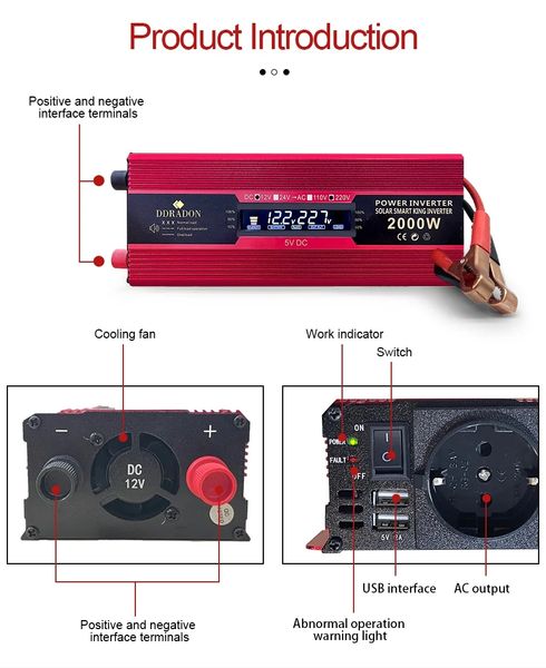 Преобразователь напряжения, инвертор автомобильный 2000W + 2 USB DDRADON, 12/220 id_2427 фото