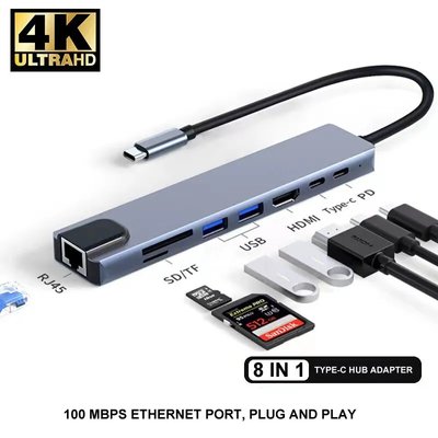 Мультифункциональный USB Type-C хаб 8 в 1, HDMI + HDTV + Ethernet LAN Rj45 + PD + SD + TF + USB концентратор с входом Type-C, кардридер, USB HUB id_2691 фото