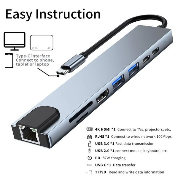 Мультифункциональный USB Type-C хаб 8 в 1, HDMI + HDTV + Ethernet LAN Rj45 + PD + SD + TF + USB концентратор с входом Type-C, кардридер, USB HUB id_2691 фото