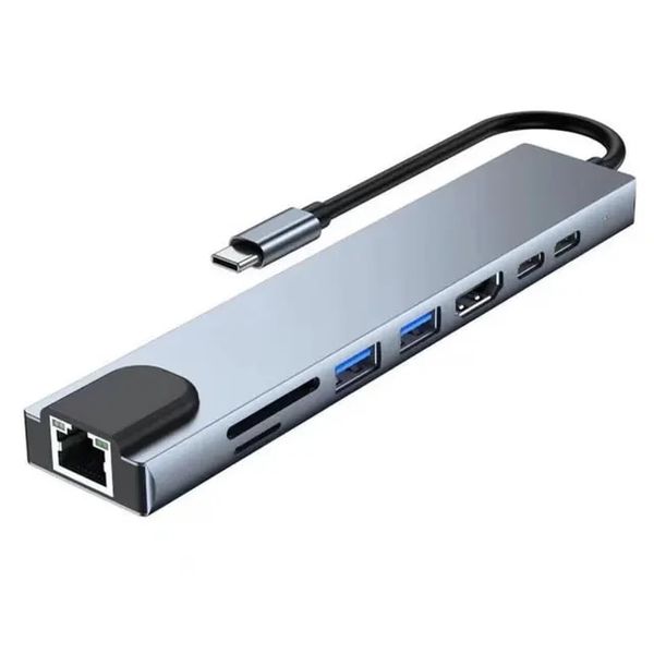 Мультифункциональный USB Type-C хаб 8 в 1, HDMI + HDTV + Ethernet LAN Rj45 + PD + SD + TF + USB концентратор с входом Type-C, кардридер, USB HUB id_2691 фото