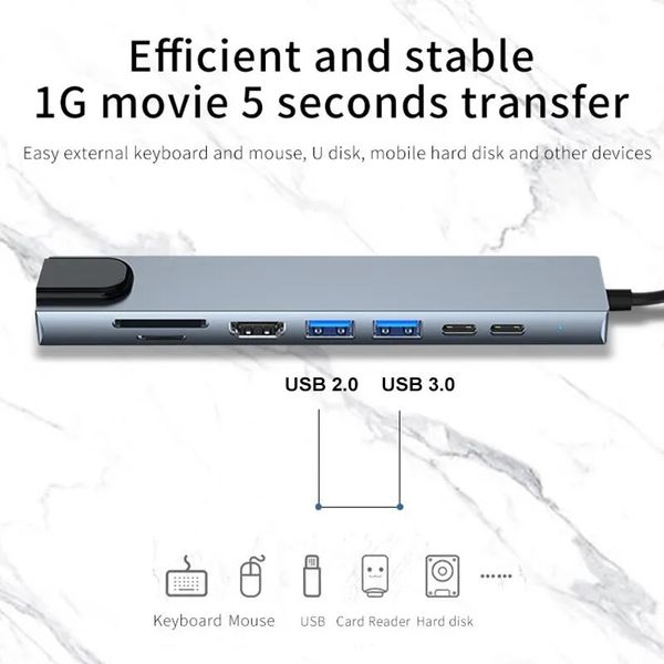 Мультифункциональный USB Type-C хаб 8 в 1, HDMI + HDTV + Ethernet LAN Rj45 + PD + SD + TF + USB концентратор с входом Type-C, кардридер, USB HUB id_2691 фото