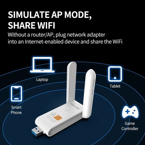 USB 3.0 WiFi адаптер PIX-LINK 1200 Mbps 2.4GHz/5GHz Adapter Dual Band id_2646 фото