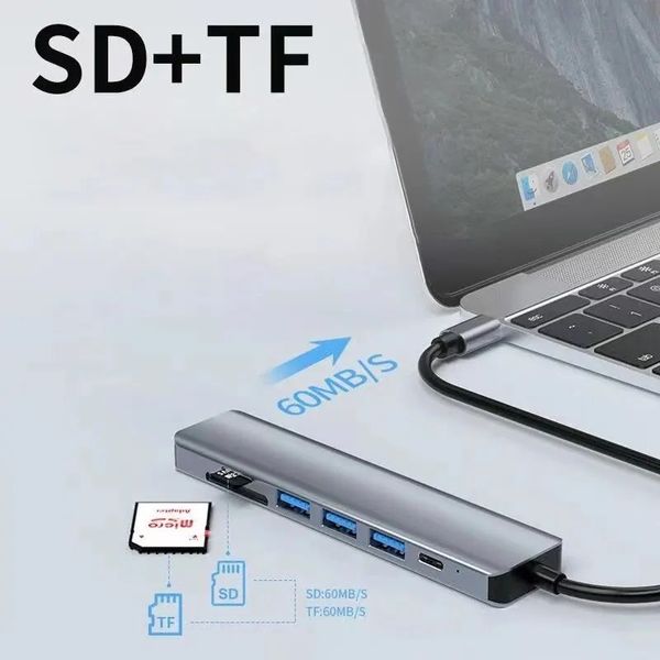 USB HUB Type-C хаб 7 в 1, HDMI + PD + SD + TF + кардридер, Док-станция MacBook 60117 фото