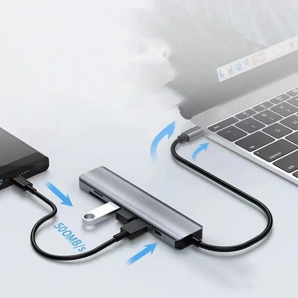 USB HUB Type-C хаб 7 в 1, HDMI + PD + SD + TF + кардридер, Док-станция MacBook 60117 фото