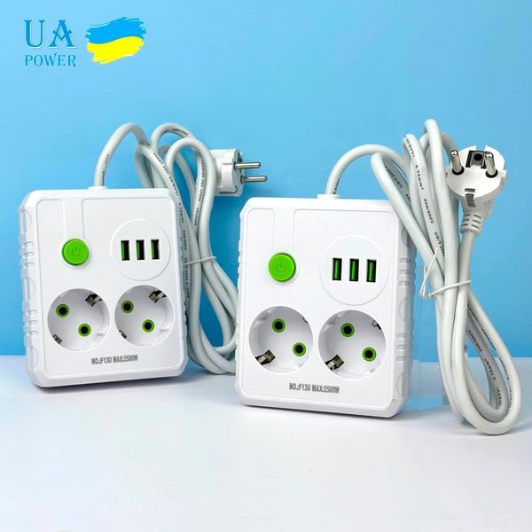 Сетевой фильтр питания UA Power Socket F13U 2 розетки 3USB Port 2m, сетевой удлинитель розеток, белый id_3150 фото