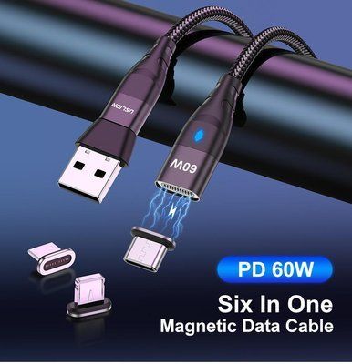 Кабель магнітний для заряджання телефона, смартфона USLION Type C 60 W 1 м Type C Android Чорний 1688199117 фото