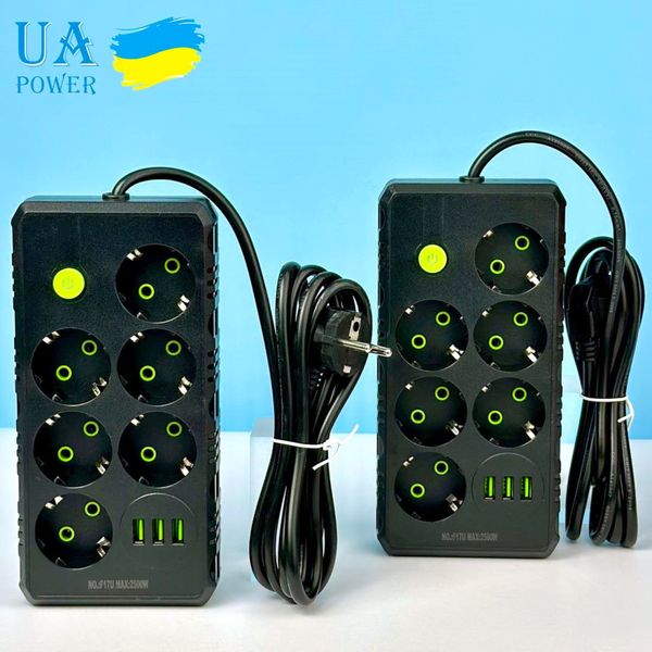 Сетевой фильтр питания UA Power Socket F17U 6 розеток 3USB Port 2m, сетевой удлинитель розеток, черный id_3152 фото