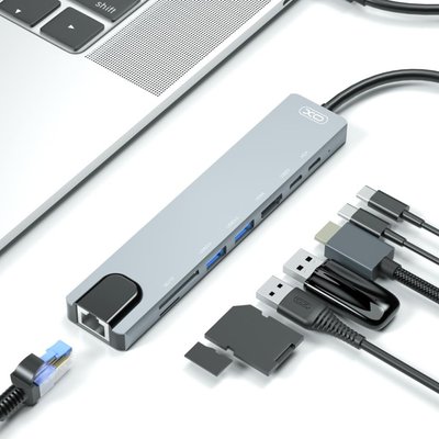 Разветвитель переходник USB-хаб XO HUB003 8-in1 Type-C to 4K HDMI/RJ45/SD/TF /Type-C /USB3.0 /PD id_2662 фото