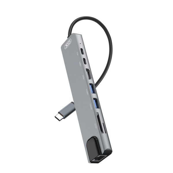 Разветвитель переходник USB-хаб XO HUB003 8-in1 Type-C to 4K HDMI/RJ45/SD/TF /Type-C /USB3.0 /PD id_2662 фото