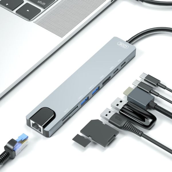 Разветвитель переходник USB-хаб XO HUB003 8-in1 Type-C to 4K HDMI/RJ45/SD/TF /Type-C /USB3.0 /PD id_2662 фото