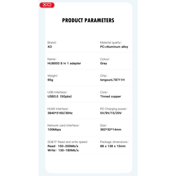 Разветвитель переходник USB-хаб XO HUB003 8-in1 Type-C to 4K HDMI/RJ45/SD/TF /Type-C /USB3.0 /PD id_2662 фото