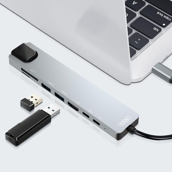 Разветвитель переходник USB-хаб XO HUB003 8-in1 Type-C to 4K HDMI/RJ45/SD/TF /Type-C /USB3.0 /PD id_2662 фото