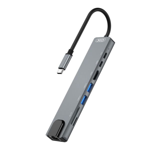 Разветвитель переходник USB-хаб XO HUB003 8-in1 Type-C to 4K HDMI/RJ45/SD/TF /Type-C /USB3.0 /PD id_2662 фото