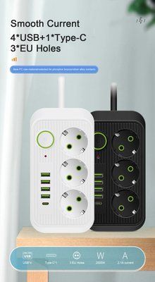 Мережевий фільтр живлення Donglixia F09U на 4 метри 3 розетки +4 USB + Type-C Port, мережевий подовжувач розеток id_2566 фото
