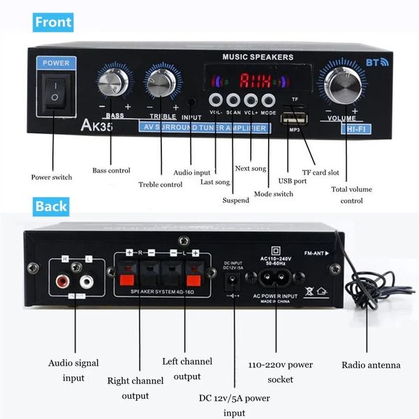 HiFi цифровой усилитель Woopker AK35, 30 Вт, Bluetooth, USB, SD, MIC, радио, аудиоусилитель id_3189 фото