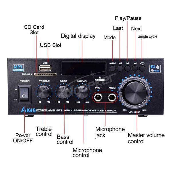 HiFi цифровой усилитель Woopker AK45, 50 Вт, Bluetooth, USB, SD, MIC, радио, аудиоусилитель id_3117 фото