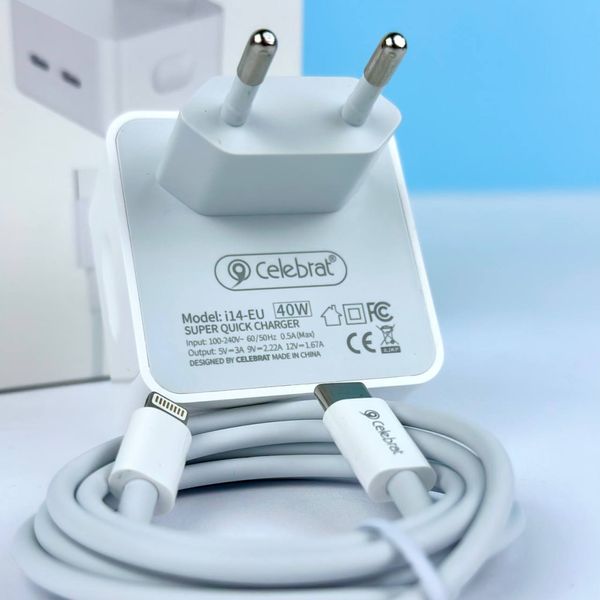 Комплект быстрой зарядки для Apple iPhone iPad Celebrat i14 40W Dual USB-C СЗУ для MacBook + кабель lightning id_2755 фото