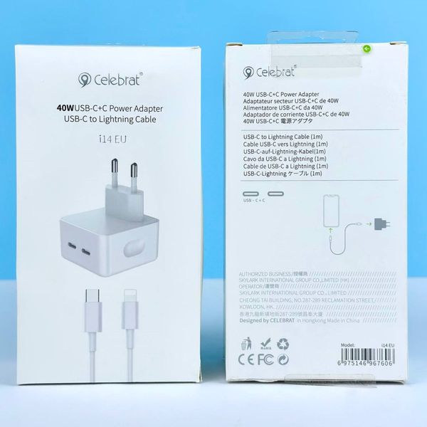 Комплект быстрой зарядки для Apple iPhone iPad Celebrat i14 40W Dual USB-C СЗУ для MacBook + кабель lightning id_2755 фото