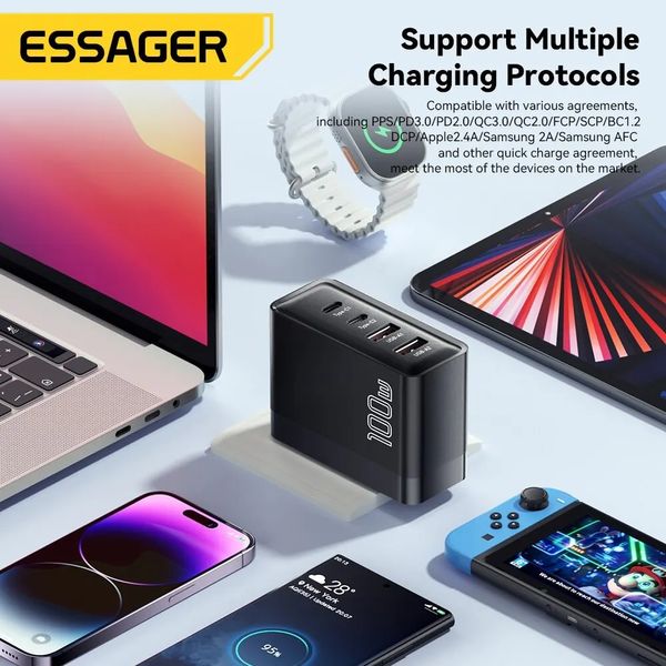 ​Мощное зарядное устройство Essager 100W GaN USB Type-C, QC, PD для iPhone и ноутбуков Macbook, ASUS, Xiaomi, ACER id_2796 фото