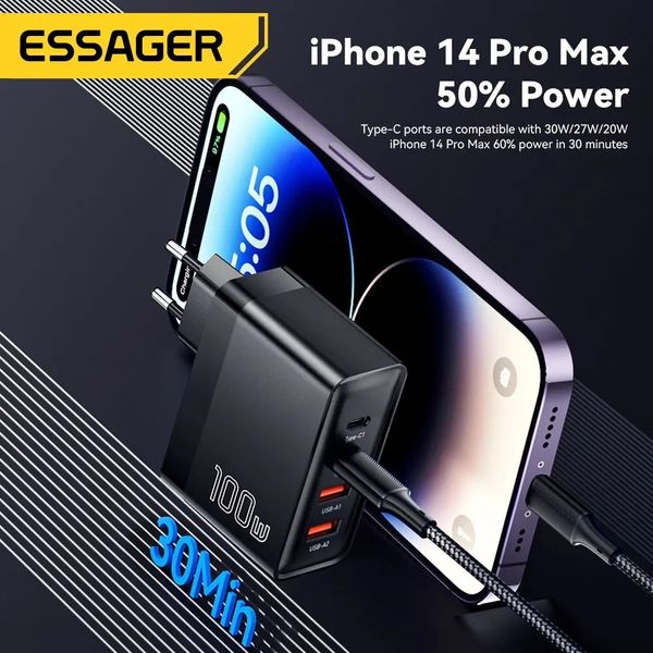 ​Мощное зарядное устройство Essager 100W GaN USB Type-C, QC, PD для iPhone и ноутбуков Macbook, ASUS, Xiaomi, ACER id_2796 фото