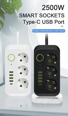 Мережевий фільтр живлення Power Socket F09U 3 розетки +4 USB + Type-C Port 2 m, мережевий подовжувач розеток id_2478 фото