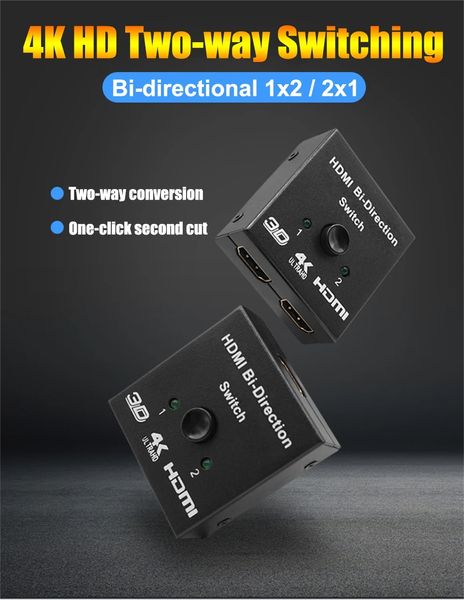 2 in 1 Splitter HD 1x2/2x1 Switch Connector HDMI splitter разветвитель, hub 2 порта 4K 60Hz, 2K, 1080p id_2508 фото