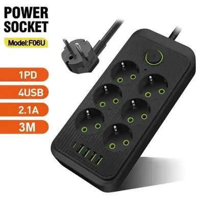 Сетевой фильтр питания Power Socket F06U 6 розеток и 4 USB + 1 PD 2м, сетевой удлинитель розеток id_2370 фото